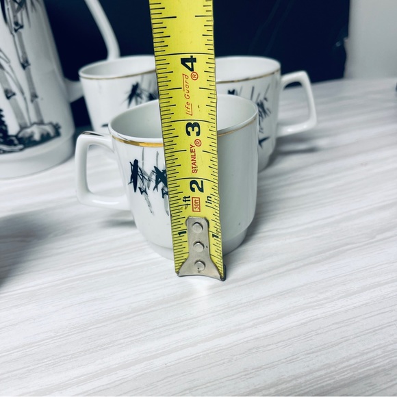 Vintage Japanese Saki Tea Pot Porcelain 6 Cups Set Gold Trim Bamboo - Picture 7 of 12